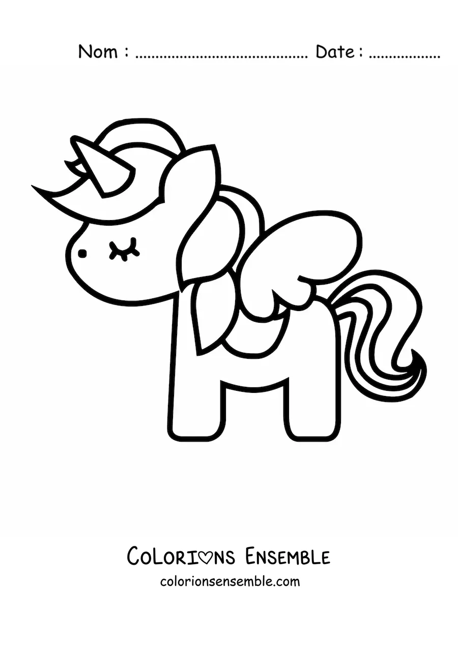 Image à colorier d’une licorne kawaii avec des ailes