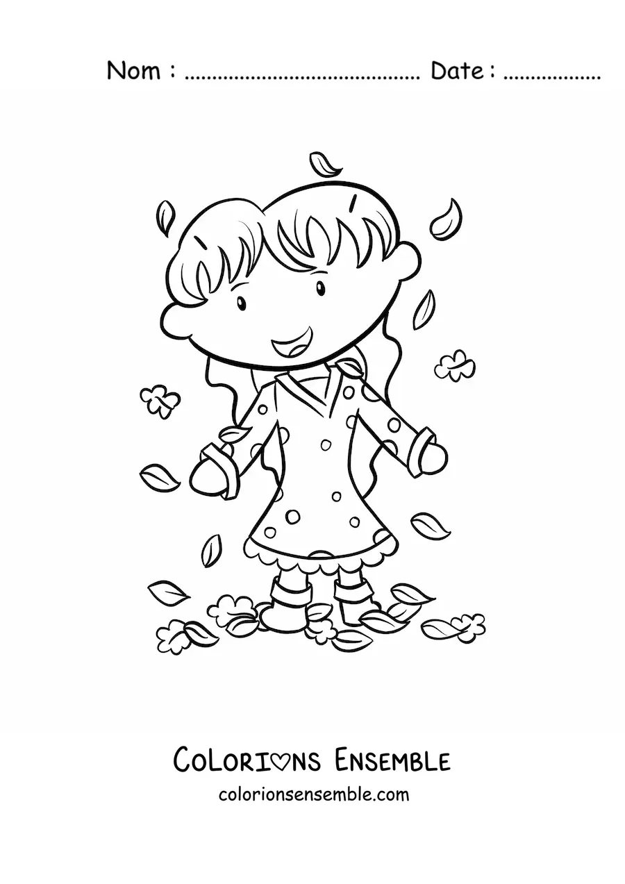 Dessin à colorier d’une petite fille qui joue avec des feuilles d’automne.