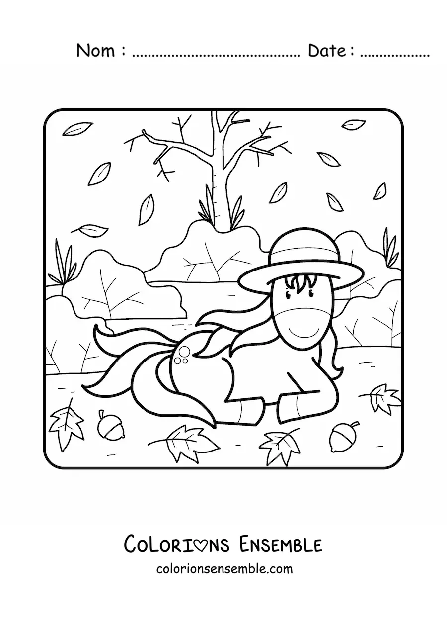 Dessin à colorier d’une licorne rigolote qui se repose sur des feuilles sèches.