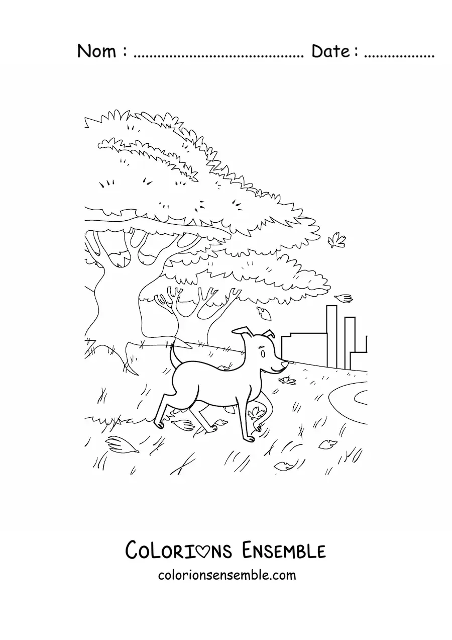Dessin à colorier d’un chien et d’un paysage d’automne.