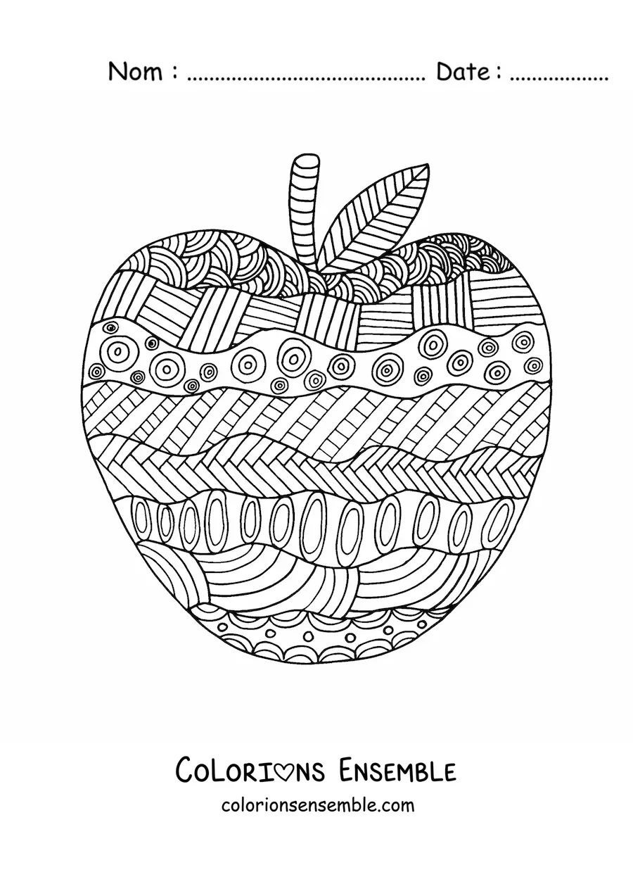Dessin à colorier d’une pomme dessinée avec un motif automnal.