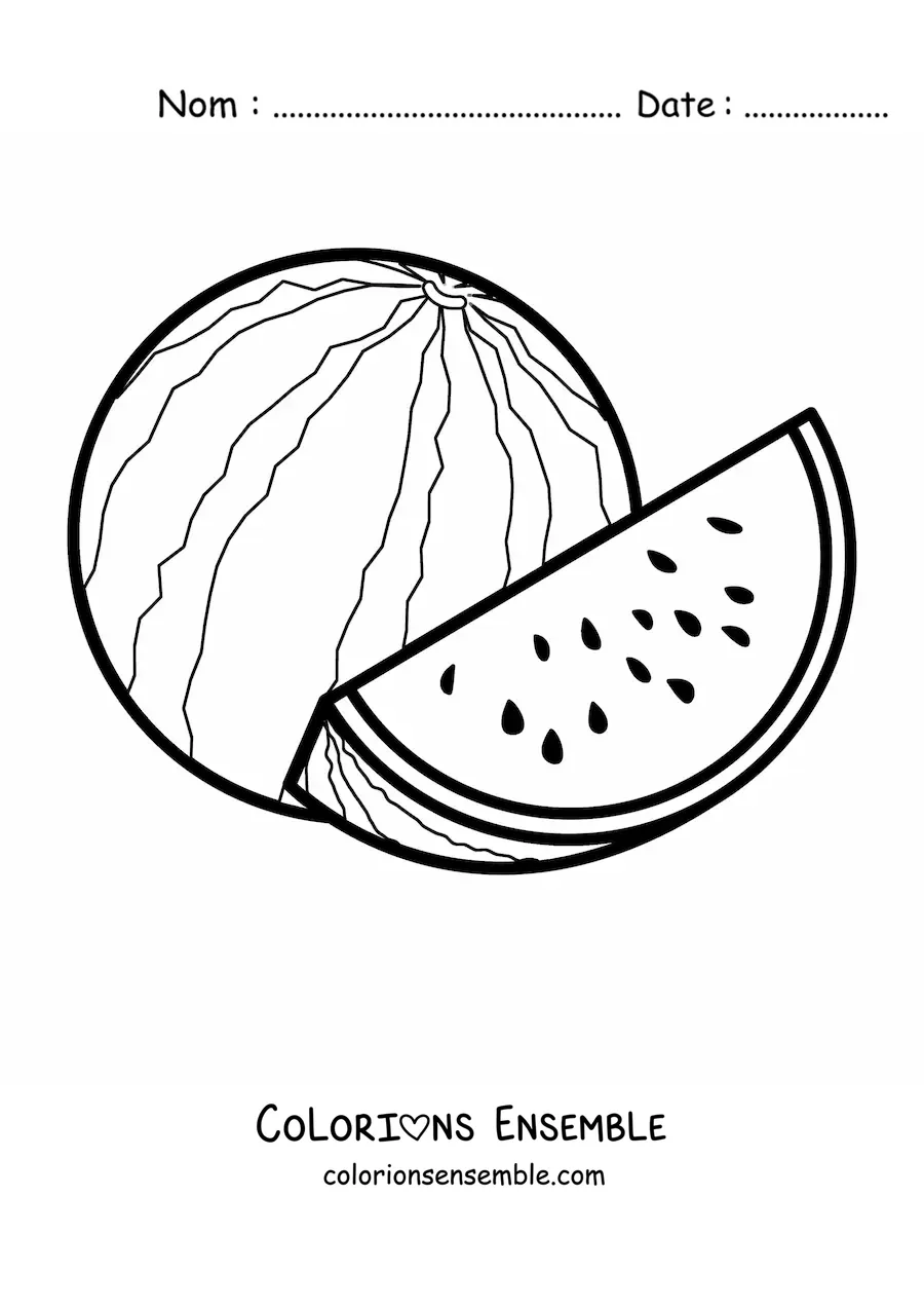 Coloriage d'une pastèque entière à côté d'un morceau de pastèque
