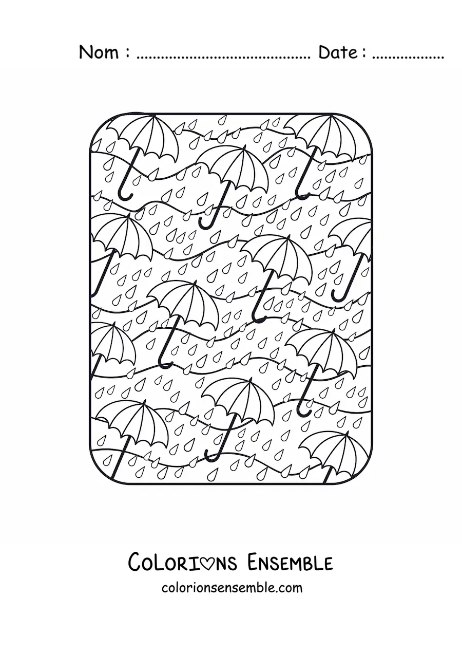 Dessin à colorier de plusieurs parapluies sous la pluie d’automne.