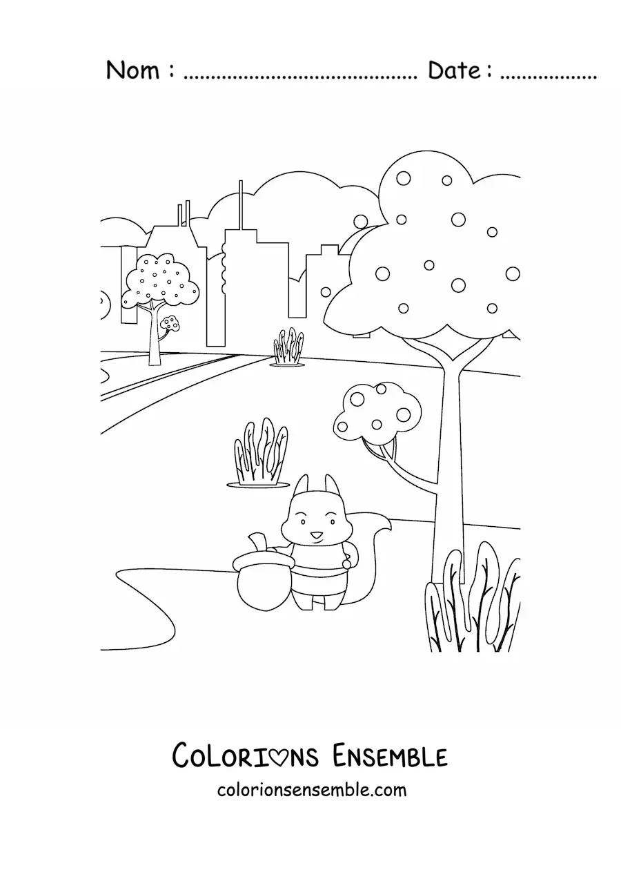Dessin à colorier d’un écureuil dans un paysage automnal.