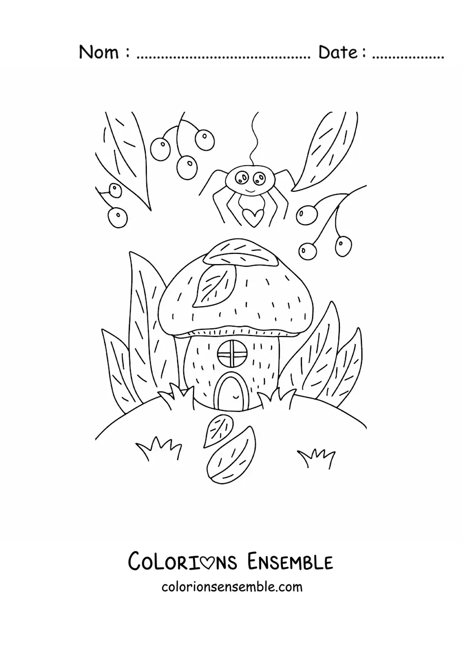 Dessin à colorier d’une maison de fée dans la forêt d’automne.