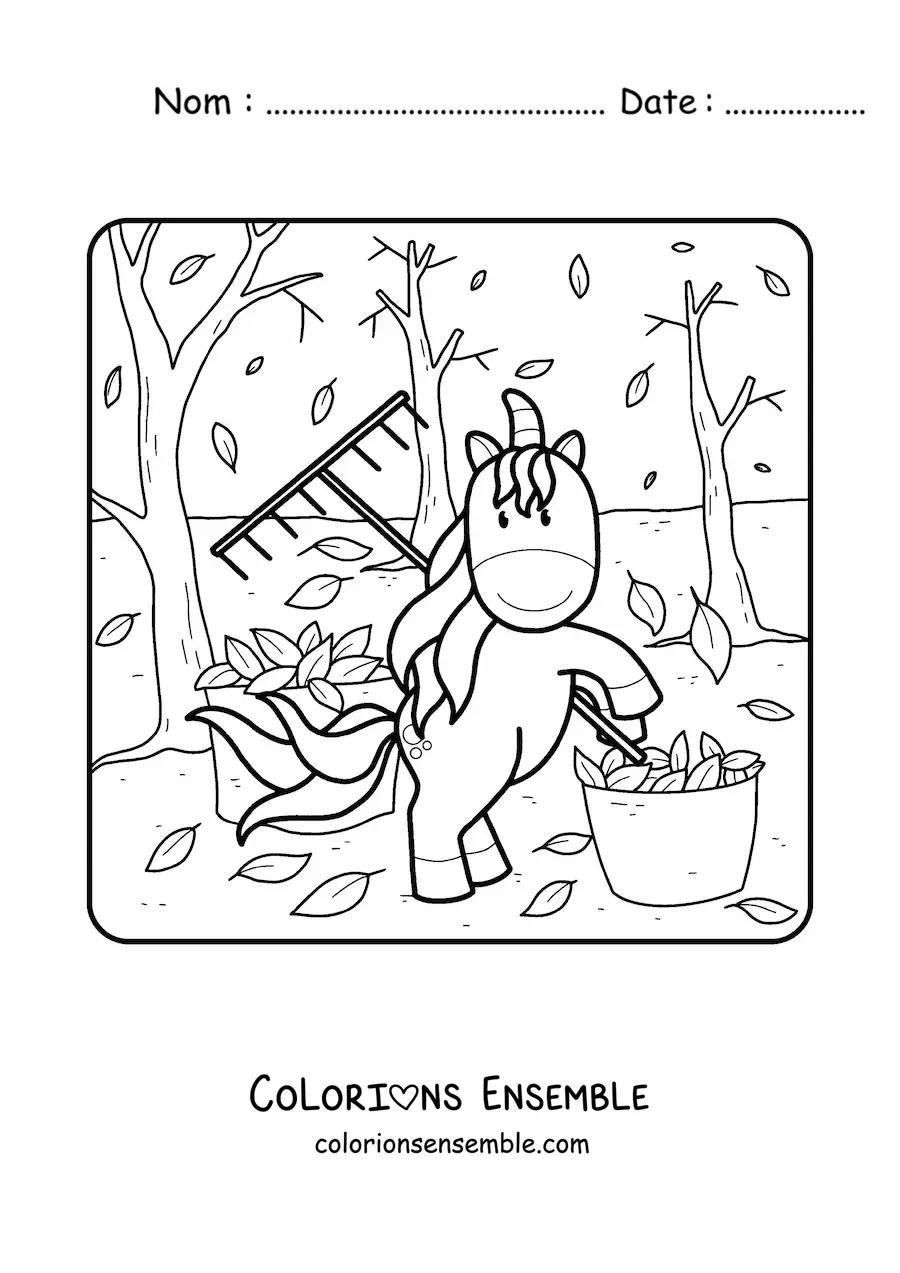 Dessin à colorier d’une licorne et de plusieurs feuilles d’automne.