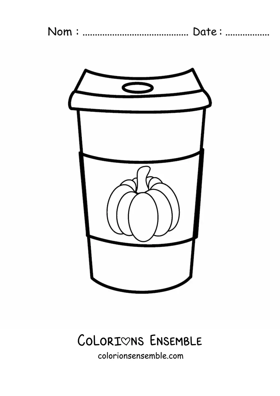 Dessin à colorier d’un gobelet de café décoré d’une citrouille.