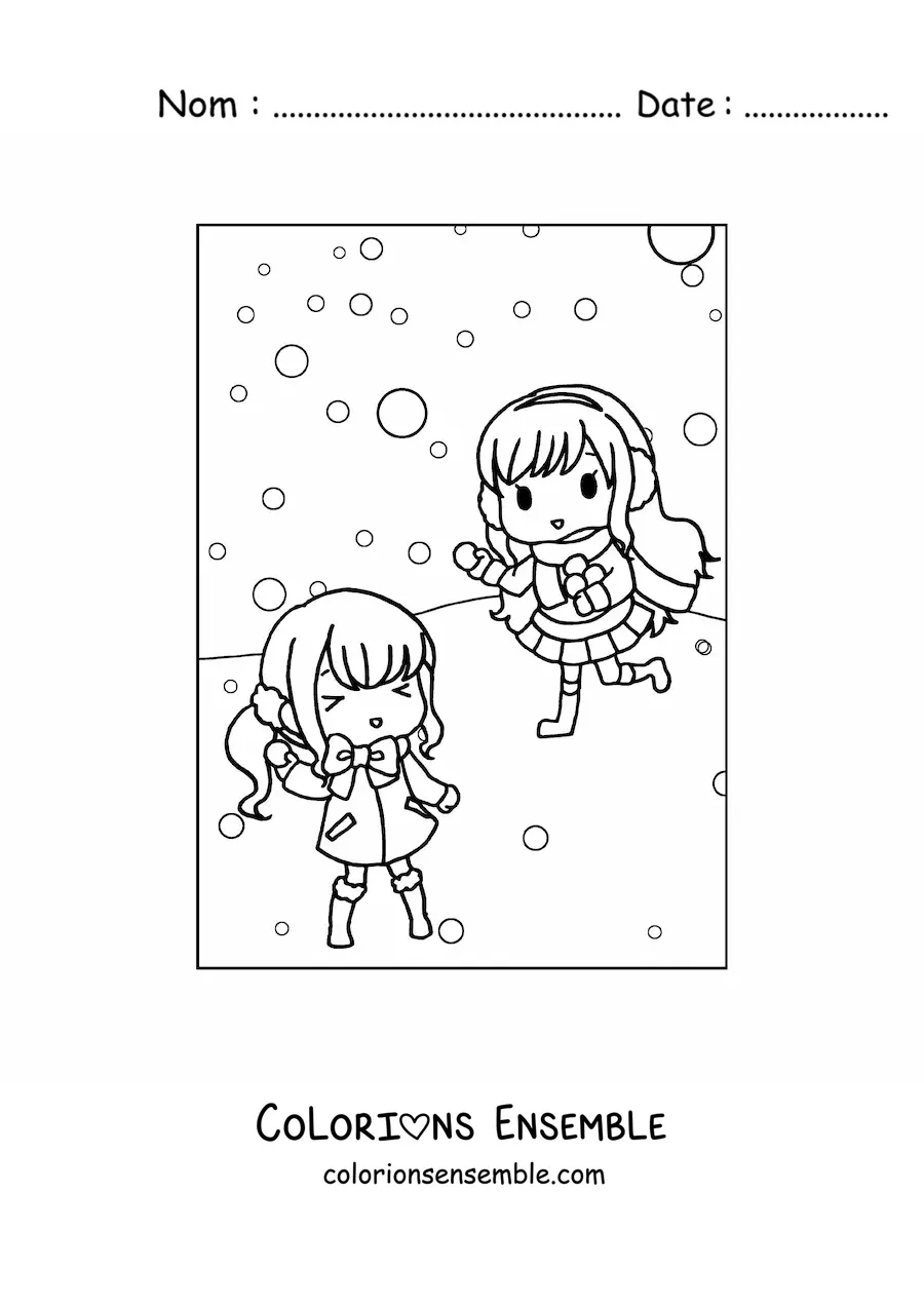 Dessin à colorier de deux petites filles kawaii en hiver.
