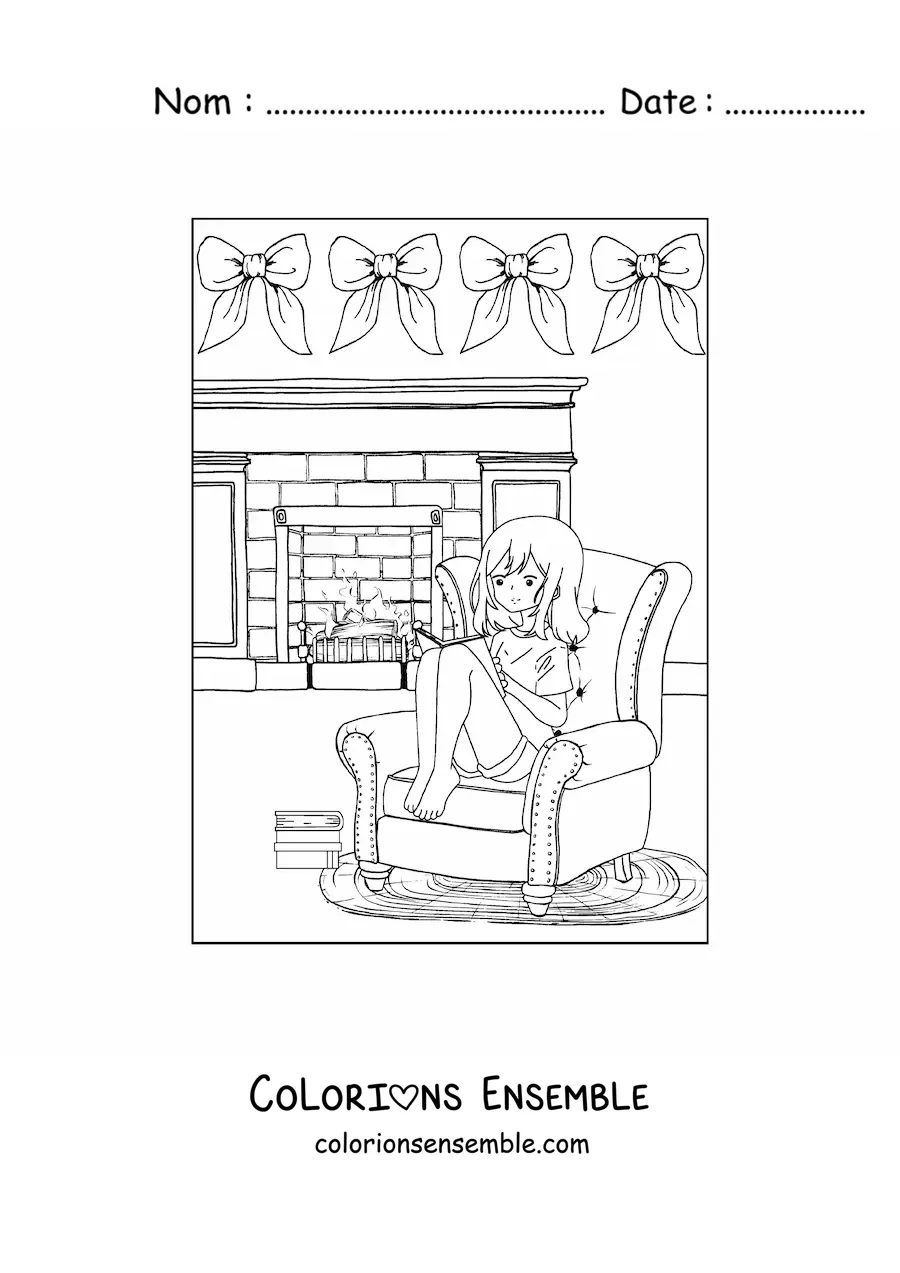 Dessin à colorier d’une petite fille assise près de la cheminée en hiver.