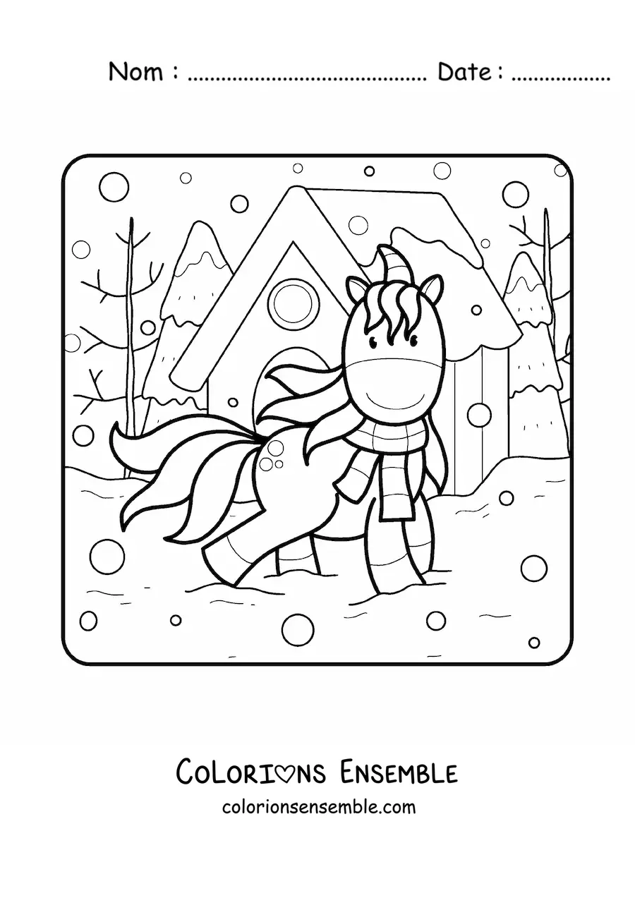 Dessin à colorier d’une licorne en promenade en hiver.
