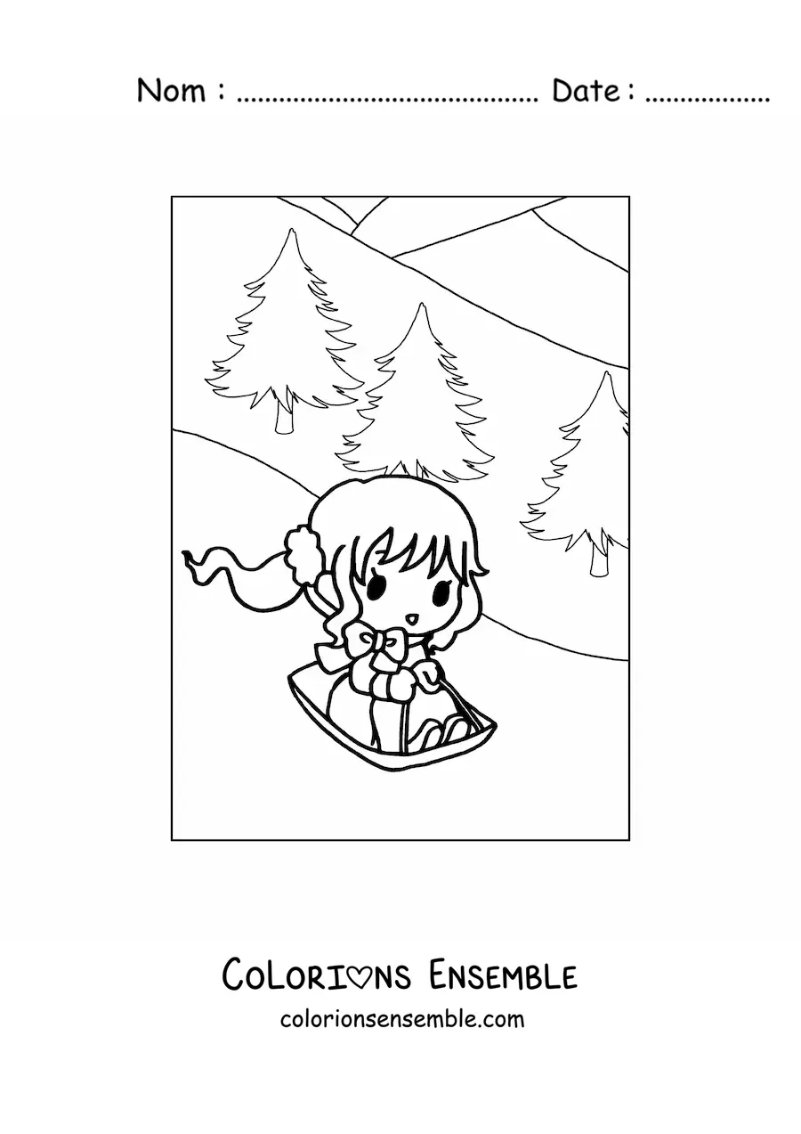 Dessin à colorier d’une petite fille kawaii avec une luge.