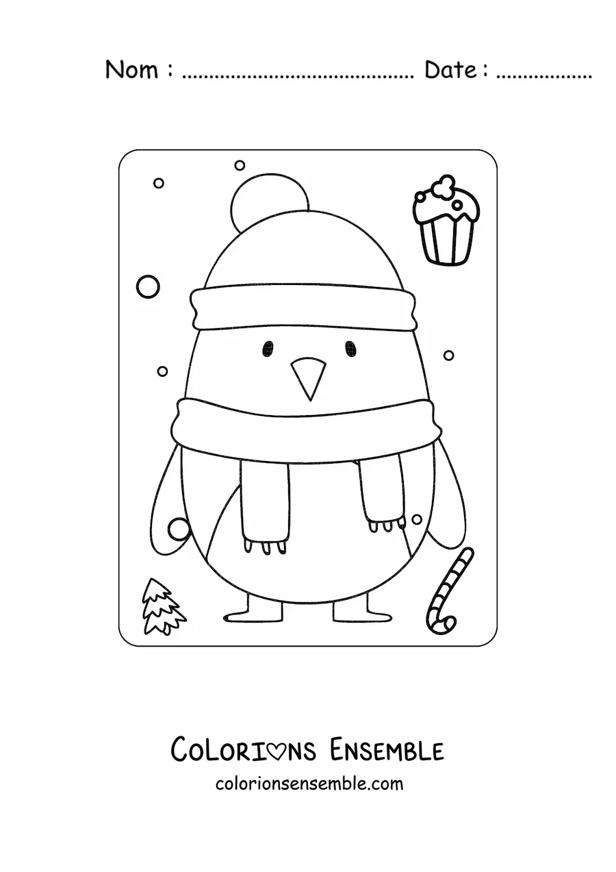 Dessin à colorier d’un pingouin kawaii en hiver.
