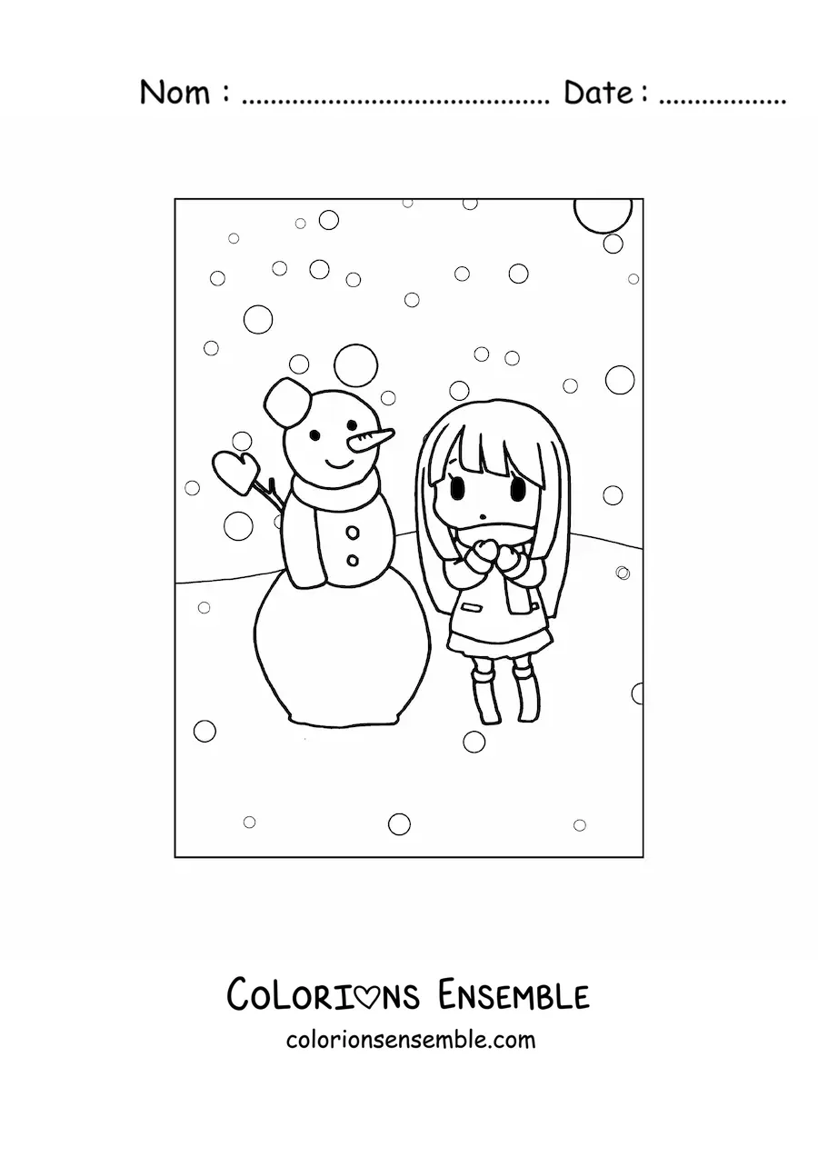 Image à colorier d’une fille kawaii à côté d’un bonhomme de neige