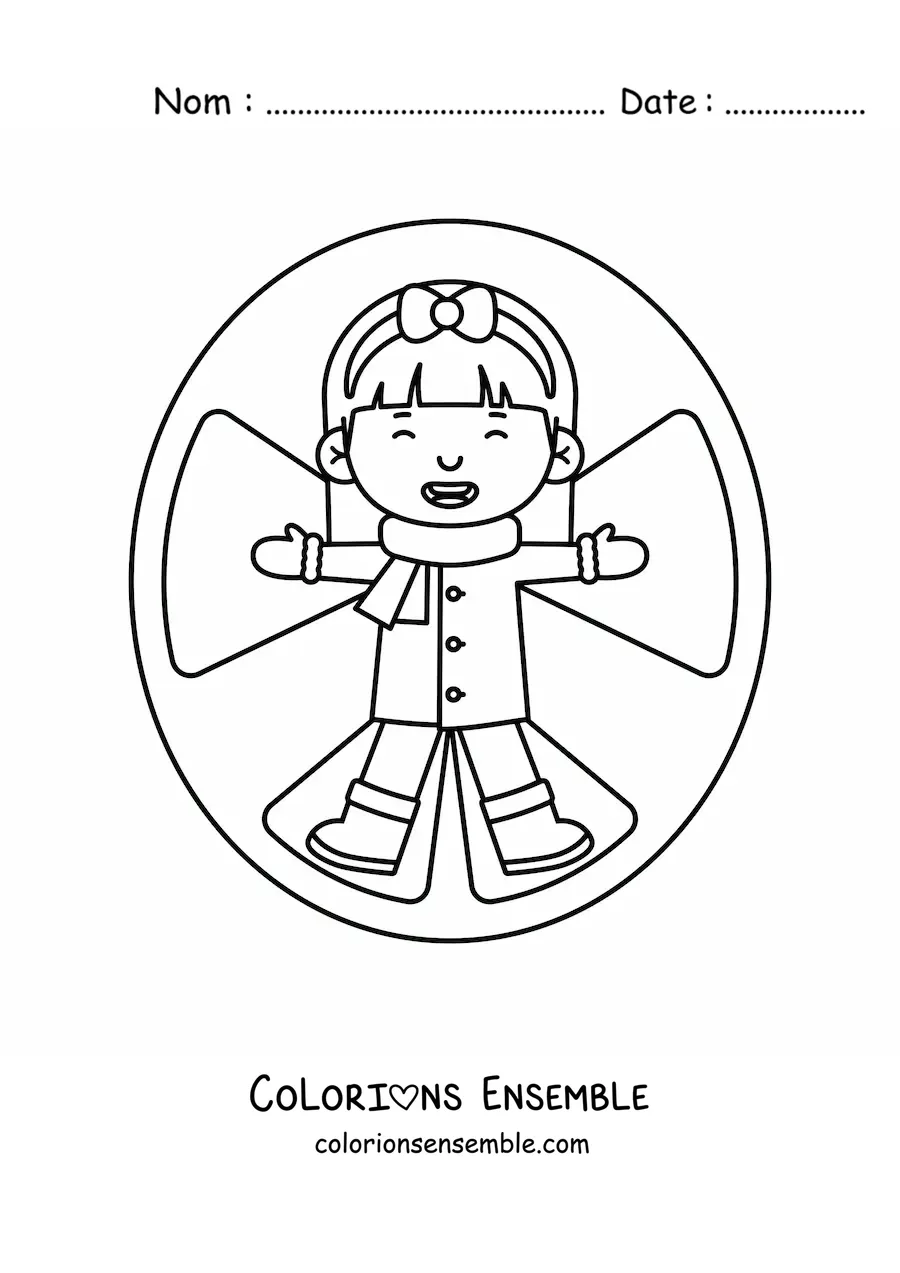 Image à colorier d'un enfant qui fait un ange dans la neige