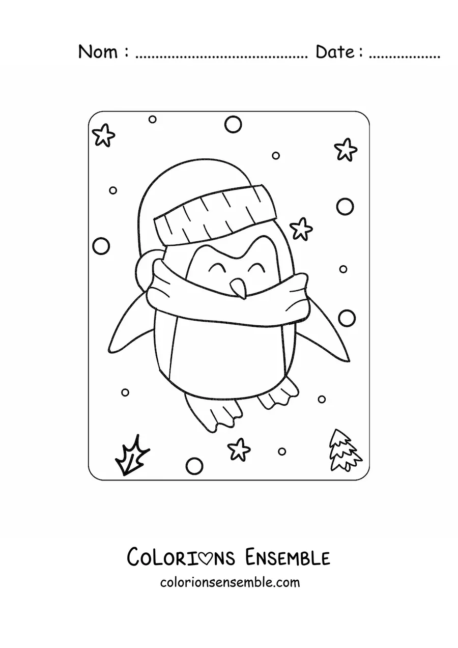 Image à colorier d’un pingouin kawaii avec une écharpe