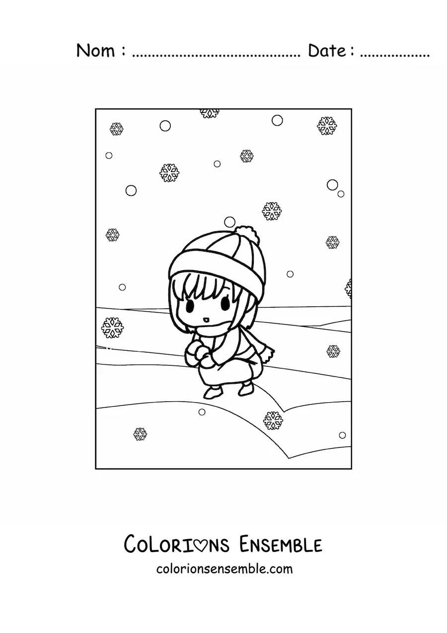 Image à colorier d’une fille kawaii qui joue dans la neige