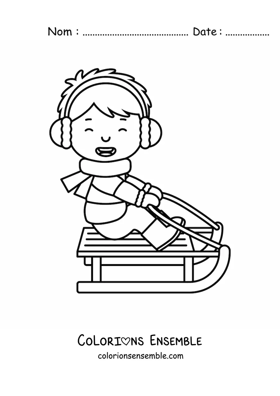 Image à colorier d’un enfant heureux sur une luge