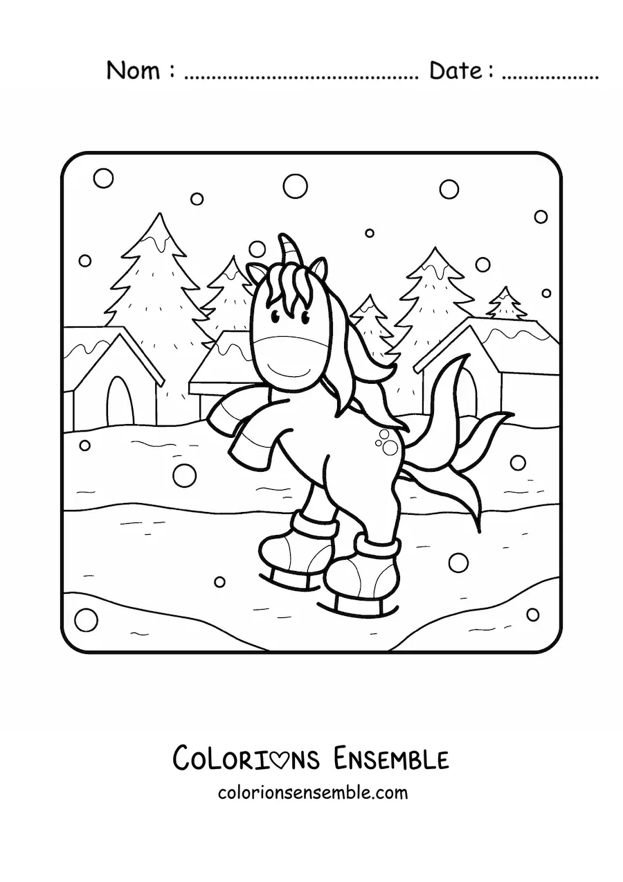 Image à colorier d’une licorne qui patine sur la glace en hiver