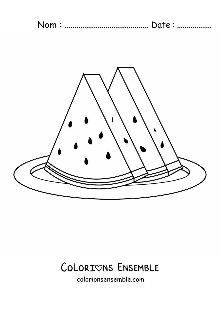Coloriage de deux tranches de pastèque dans une assiette
