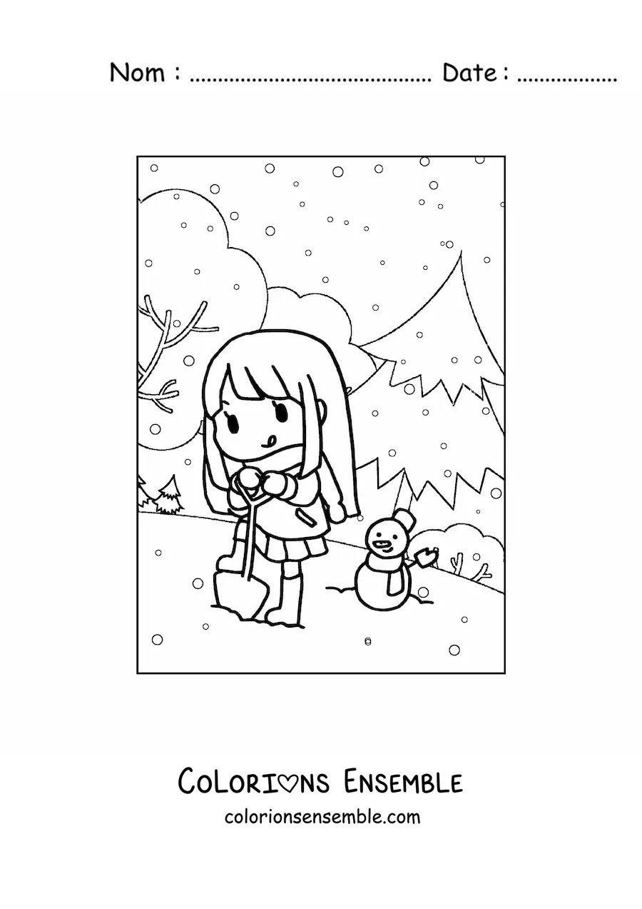 Image à colorier d’une fille kawaii qui joue dans la neige en hiver