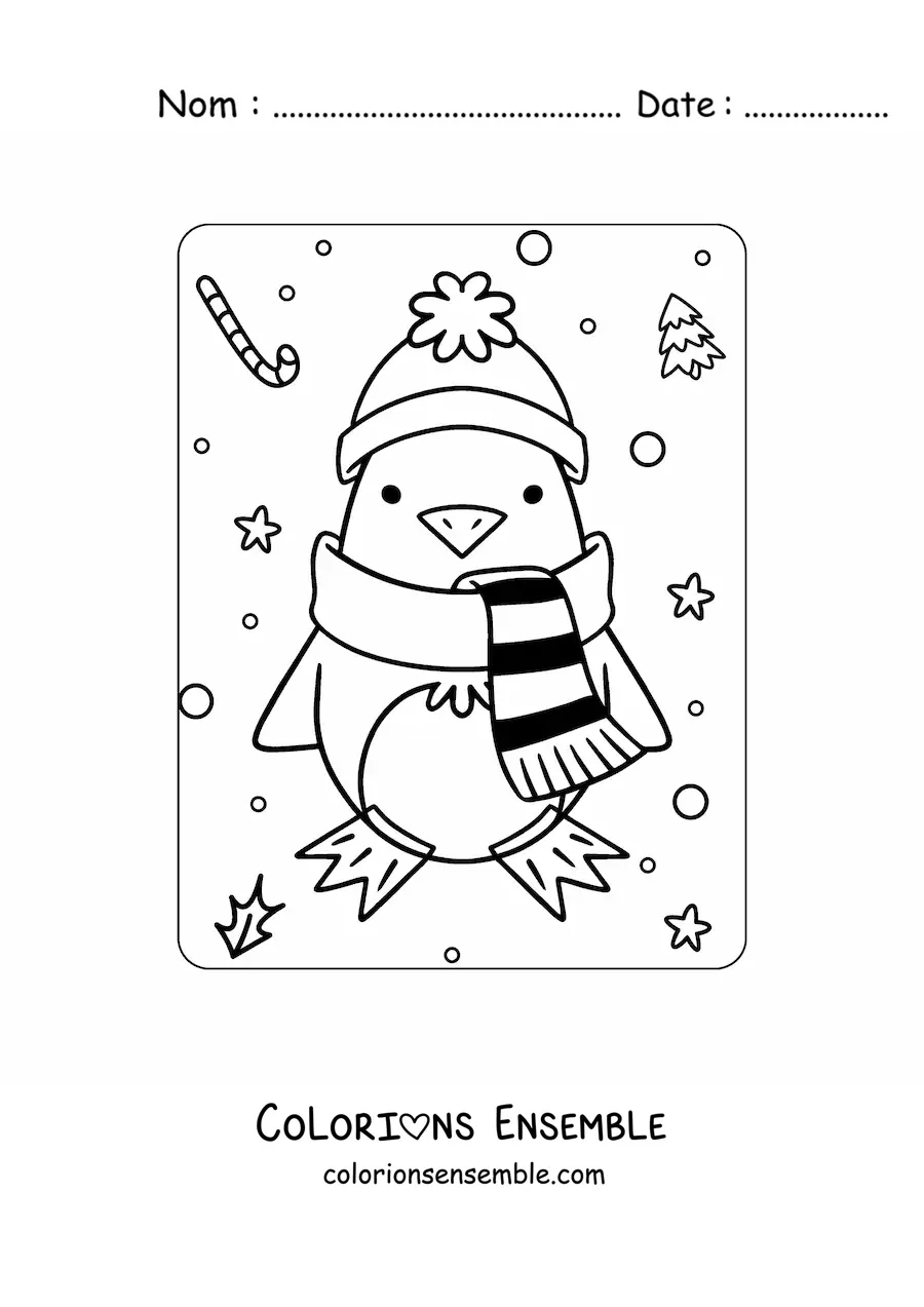 Image à colorier d’un pingouin kawaii avec une écharpe en hiver