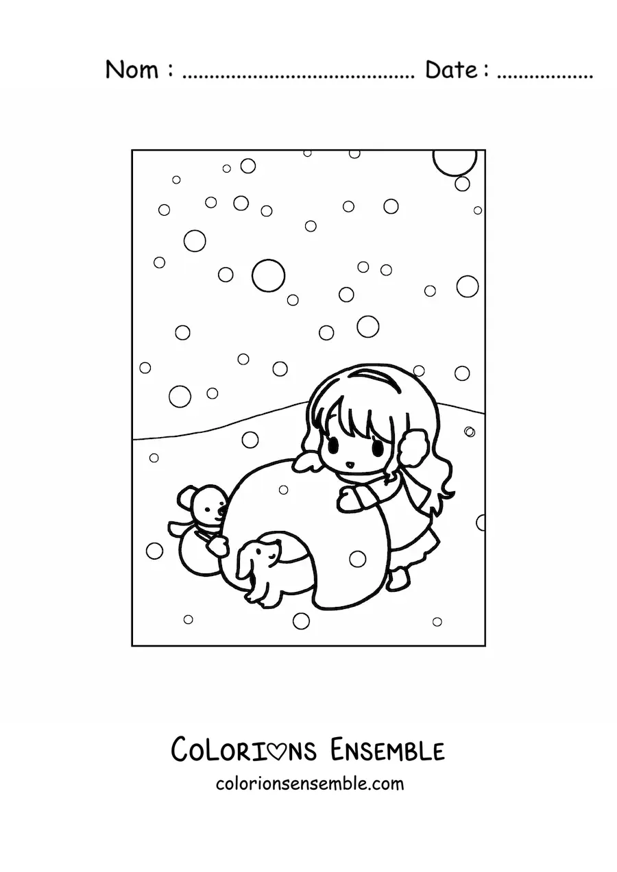 Image à colorier d’une fille kawaii à côté d’un igloo