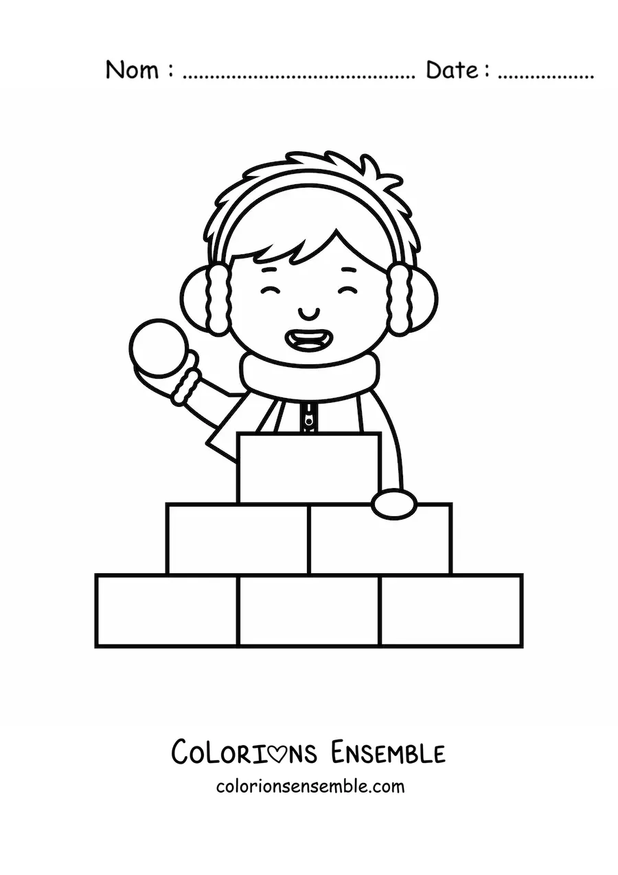 Image à colorier d’un enfant avec plusieurs blocs de neige