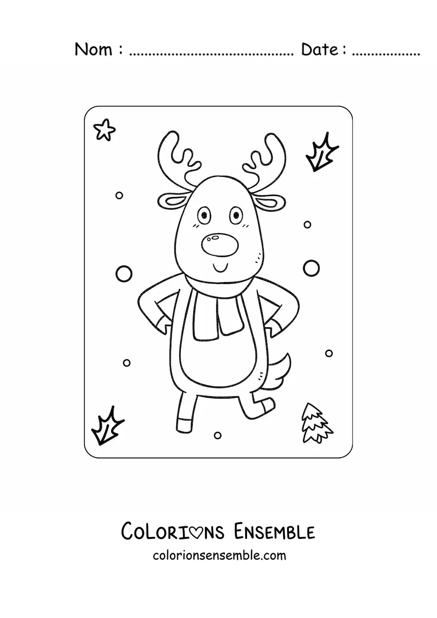 Image à colorier d’un renne tout mignon avec une écharpe d’hiver