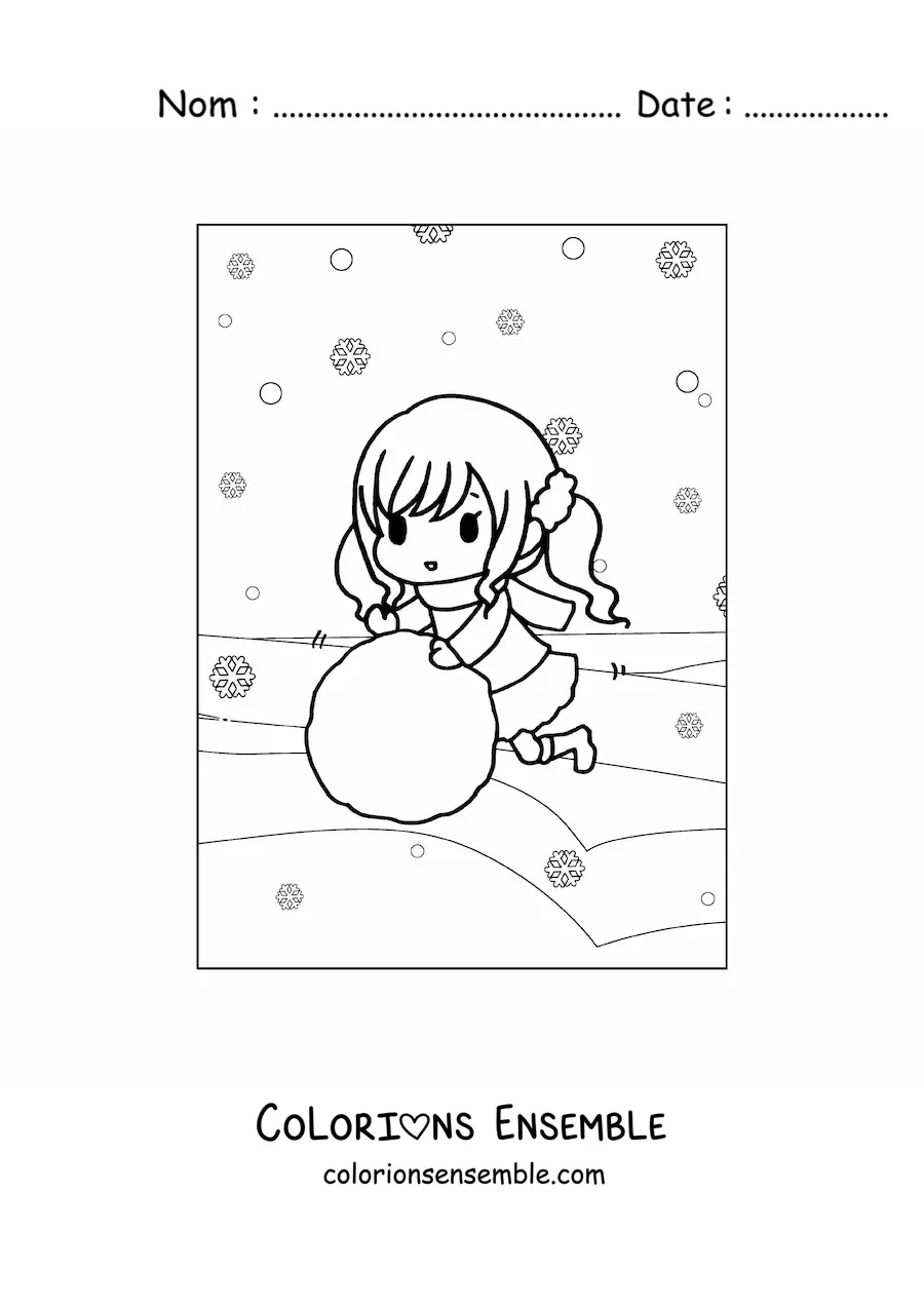 Image à colorier d’une fille kawaii avec une boule de neige géante