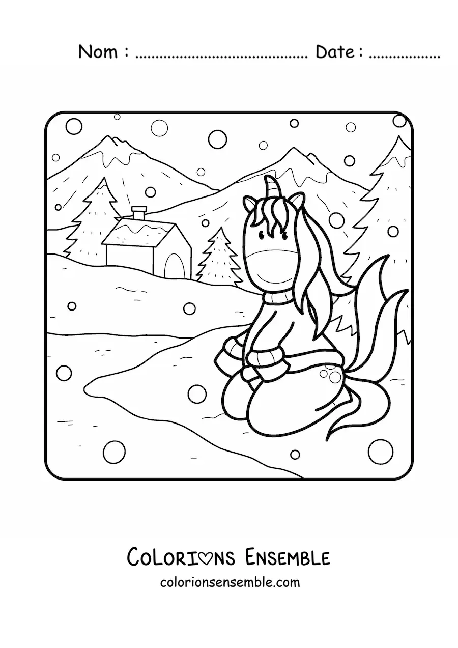 Image à colorier d’une licorne toute mignonne dans un paysage d’hiver