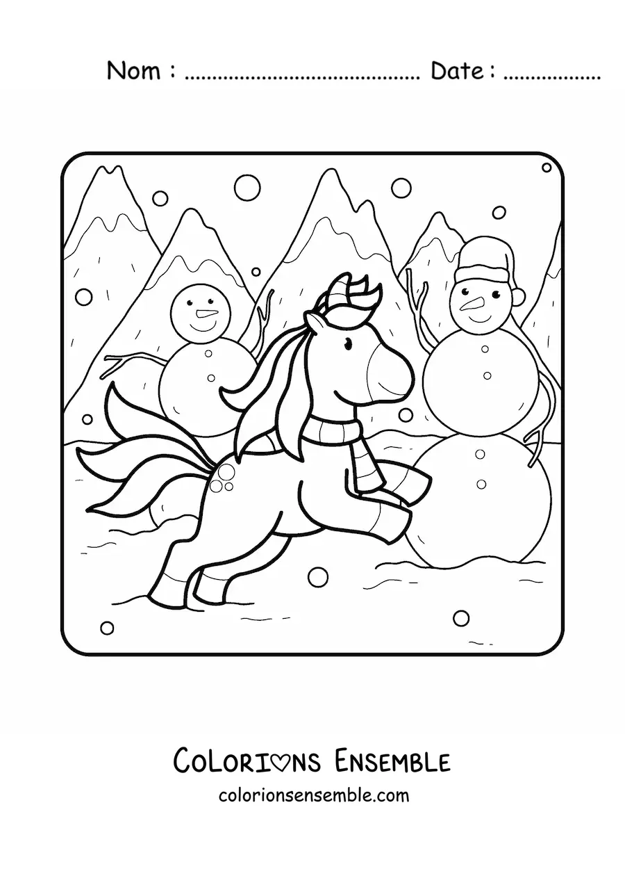 Image à colorier d’une licorne à côté de plusieurs bonhommes de neige