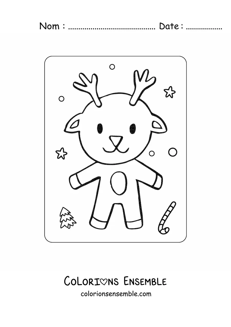 Image à colorier d’un renne tout mignon et heureux en hiver