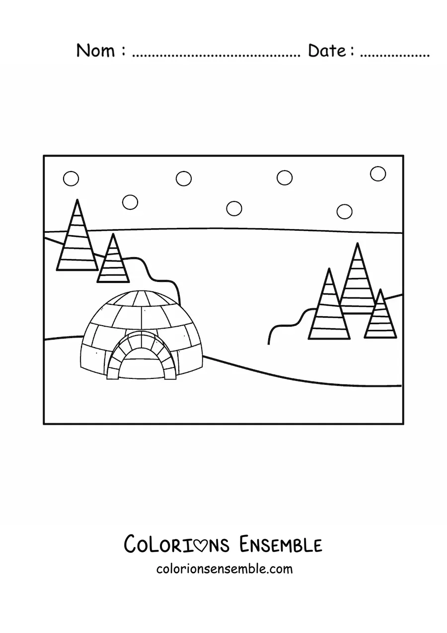 Image à colorier d’un paysage enneigé avec un igloo