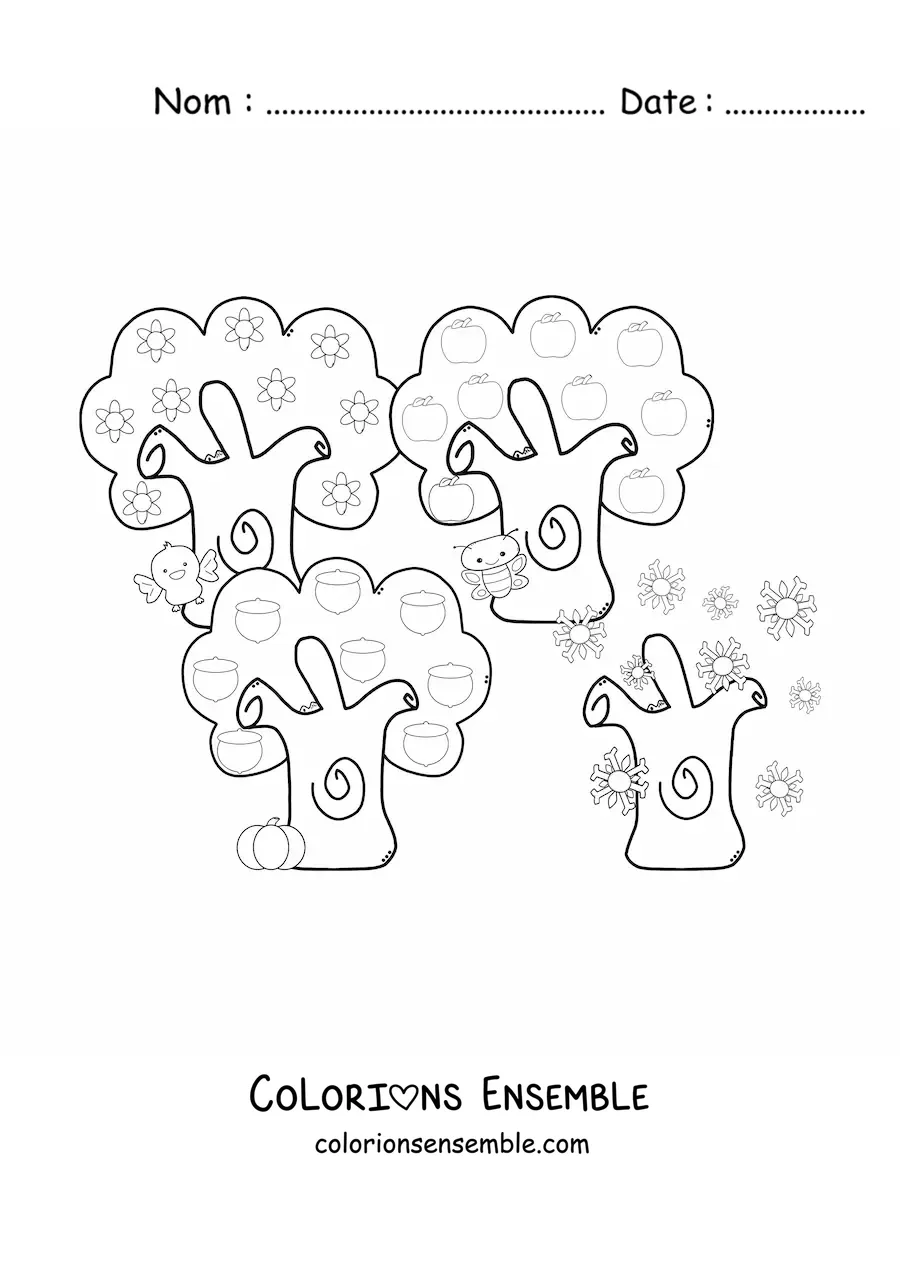 Image à colorier d’arbres au fil des saisons de l’année