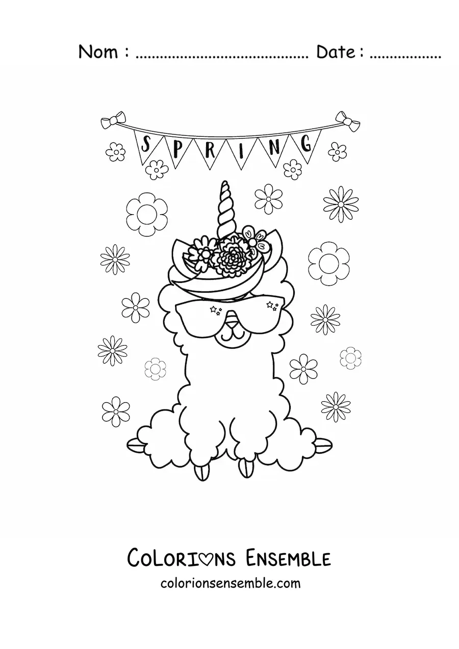 Image à colorier d’un lama kawaii à côté du mot anglais spring