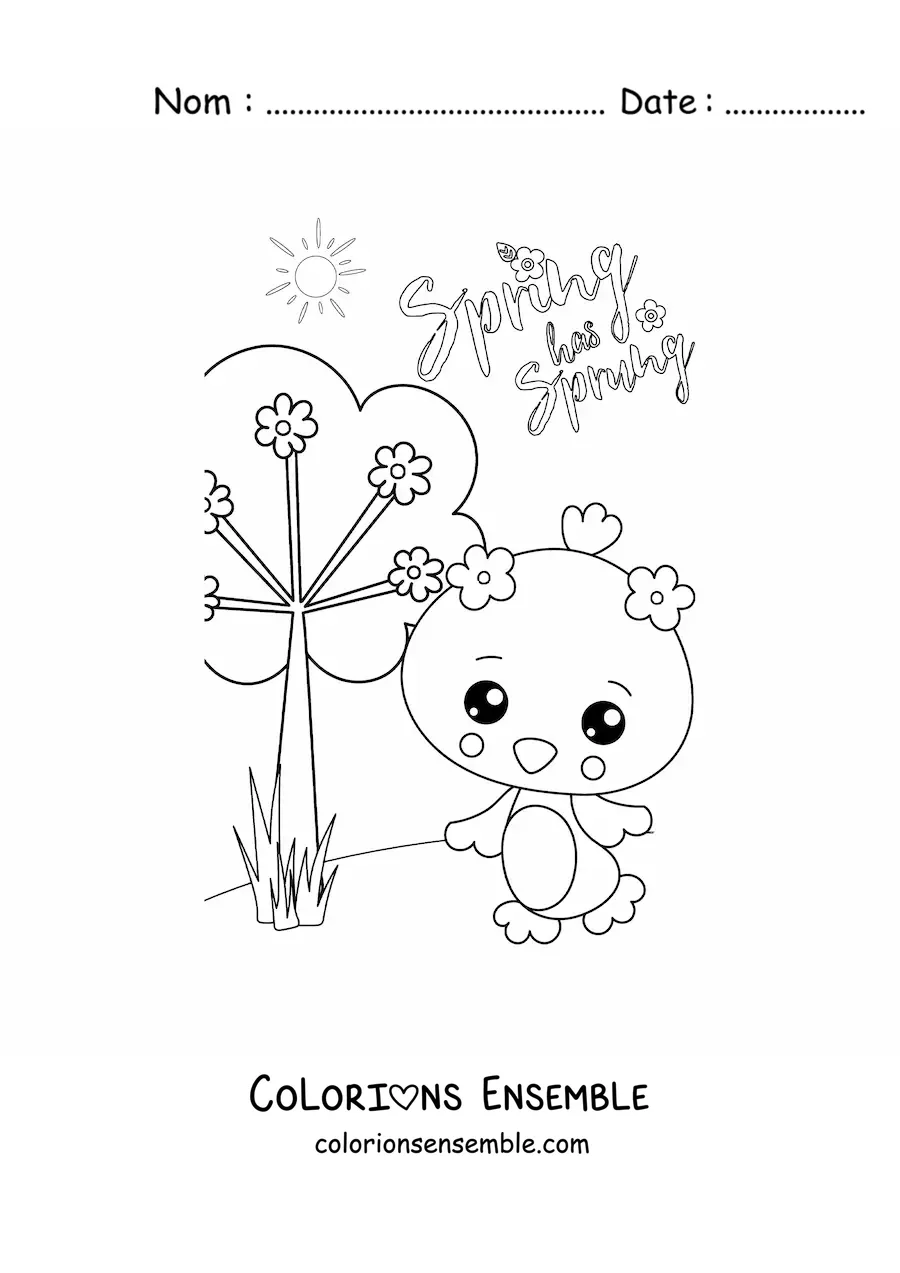 Image à colorier d’un poussin kawaii à côté du mot anglais spring