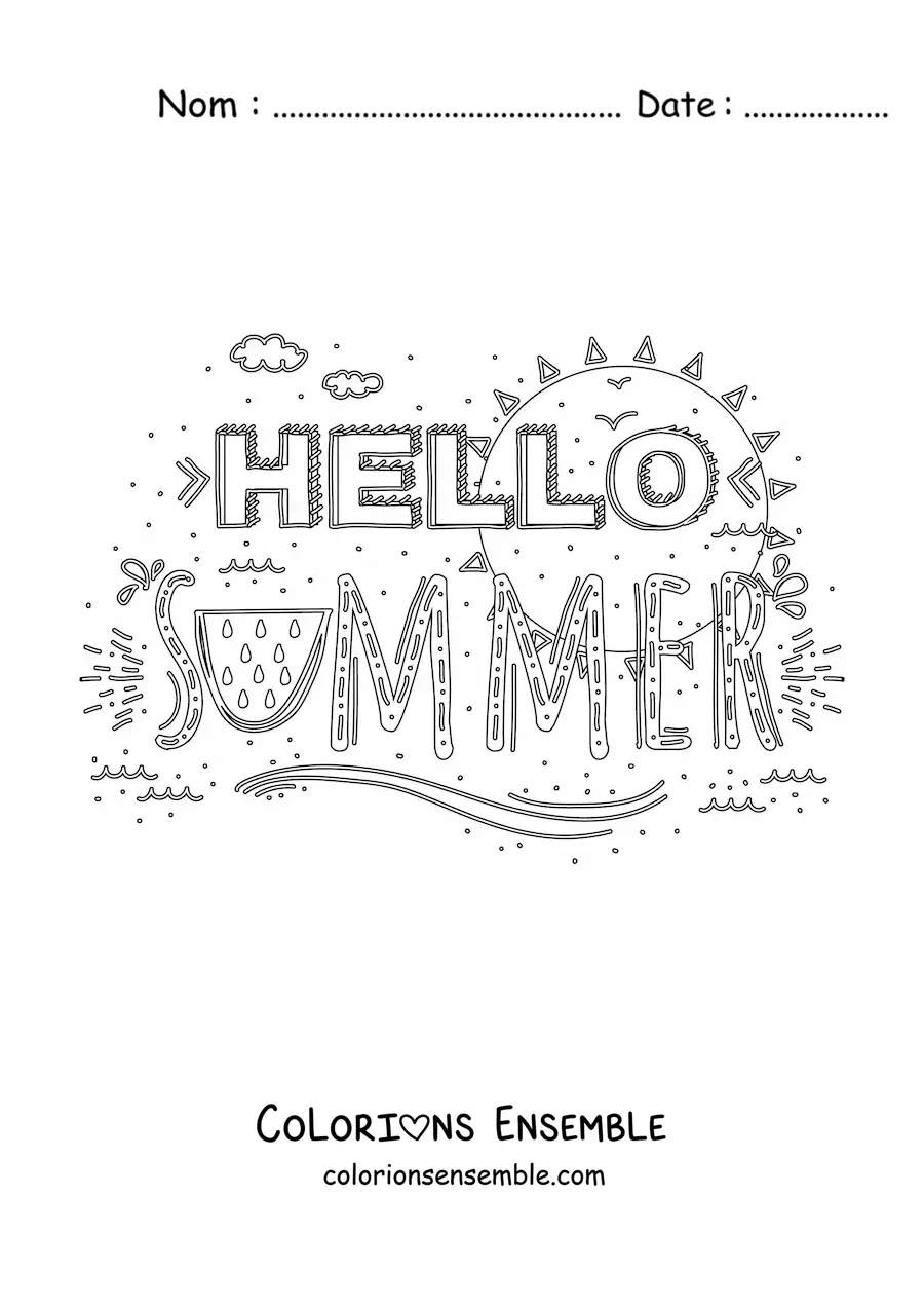 Image à colorier du mot anglais summer avec des éléments de l’été