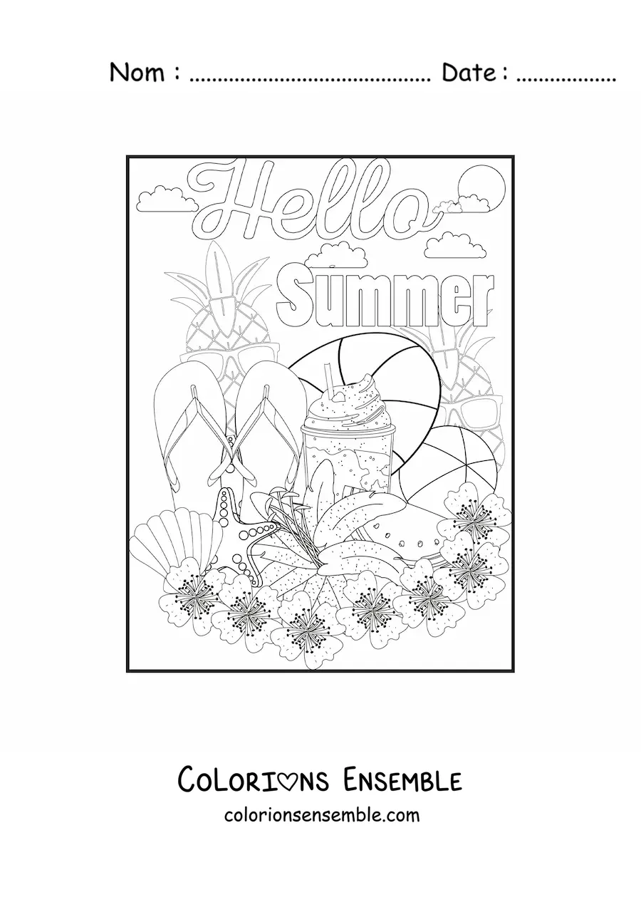 Image à colorier de plusieurs éléments de l’été et du mot anglais summer