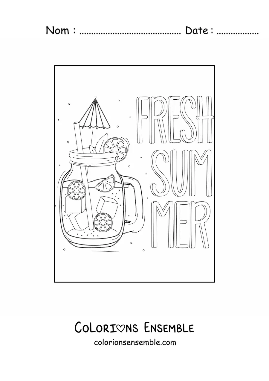 Image à colorier d’une boisson rafraîchissante à côté du mot anglais summer