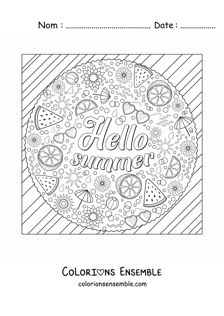 Image à colorier de plusieurs éléments de l’été à côté du mot anglais summer