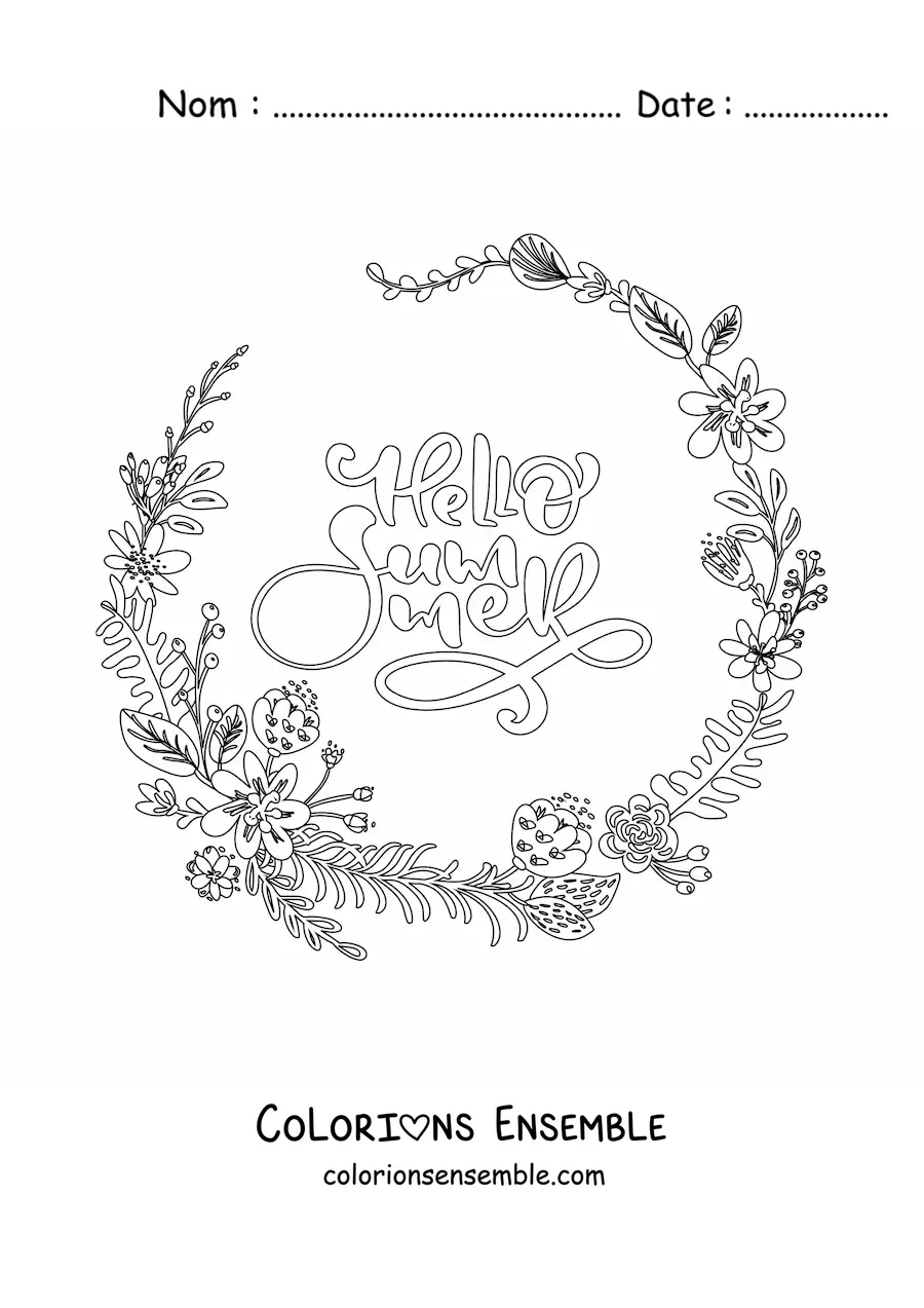 Image à colorier d’une couronne de fleurs tropicales avec le mot anglais summer