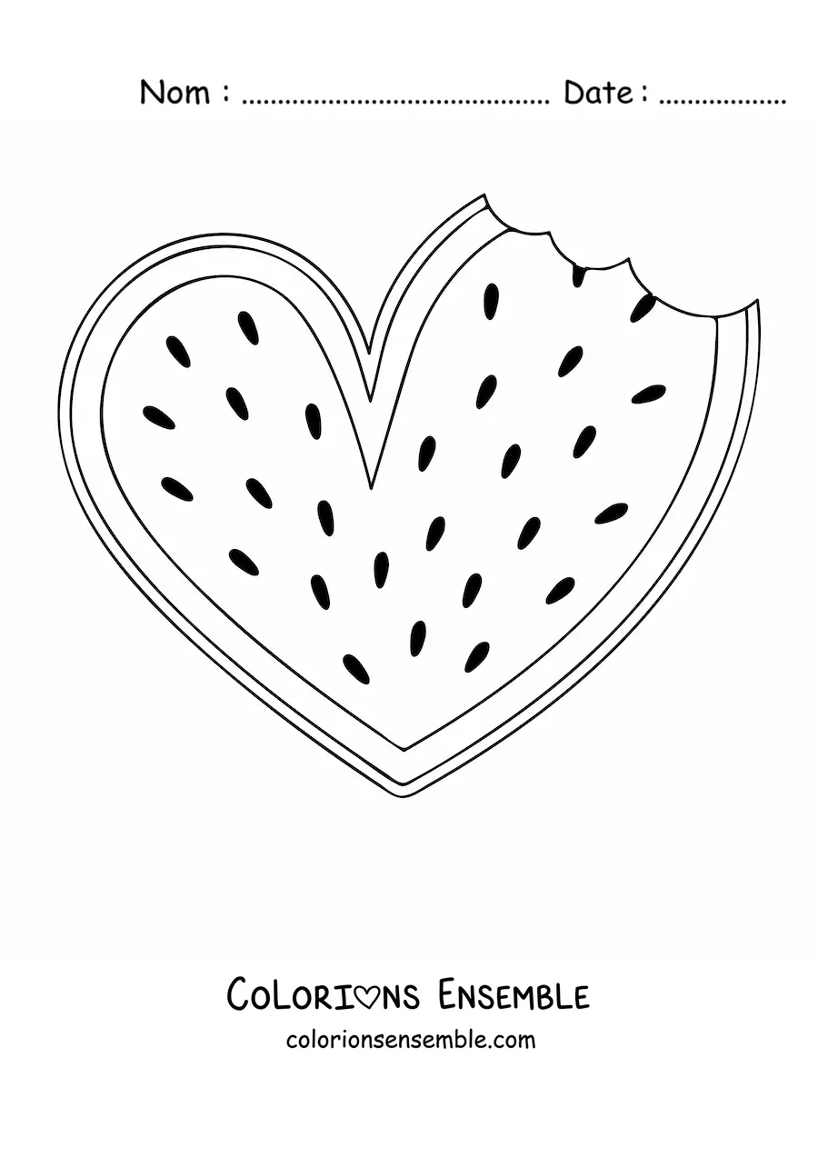 Coloriage d'une pastèque en forme de cœur, croquée sur un côté