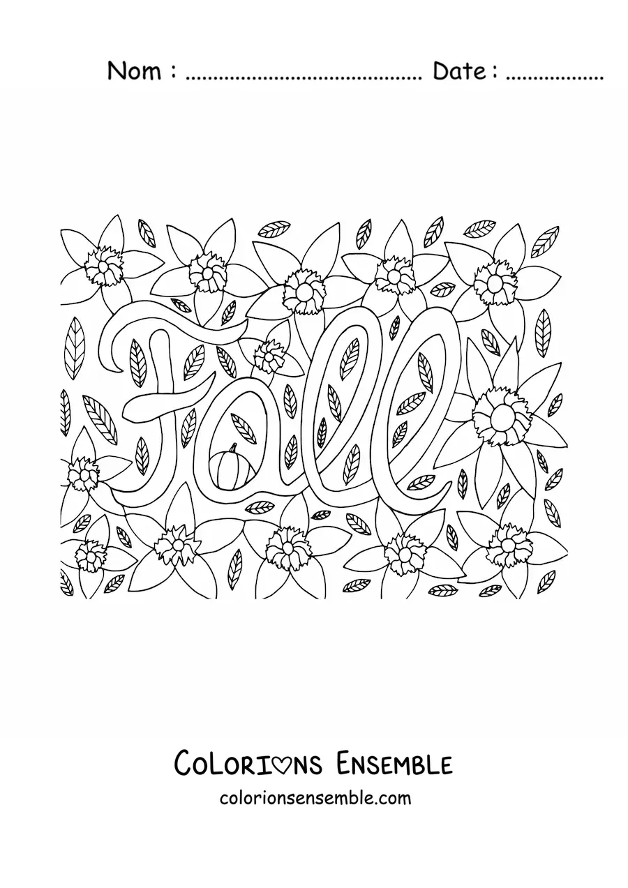 Image à colorier du mot anglais fall entouré de fleurs et de feuilles