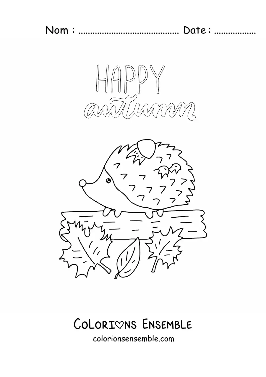 Image à colorier d’un hérisson kawaii et du mot anglais autumn