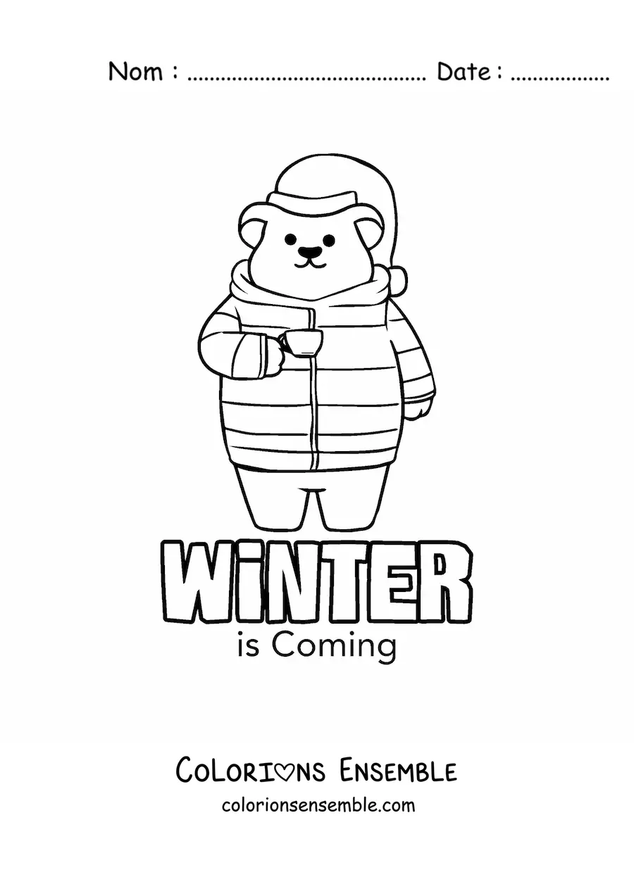 Image à colorier d’un ours tout mignon bien couvert et du mot anglais winter