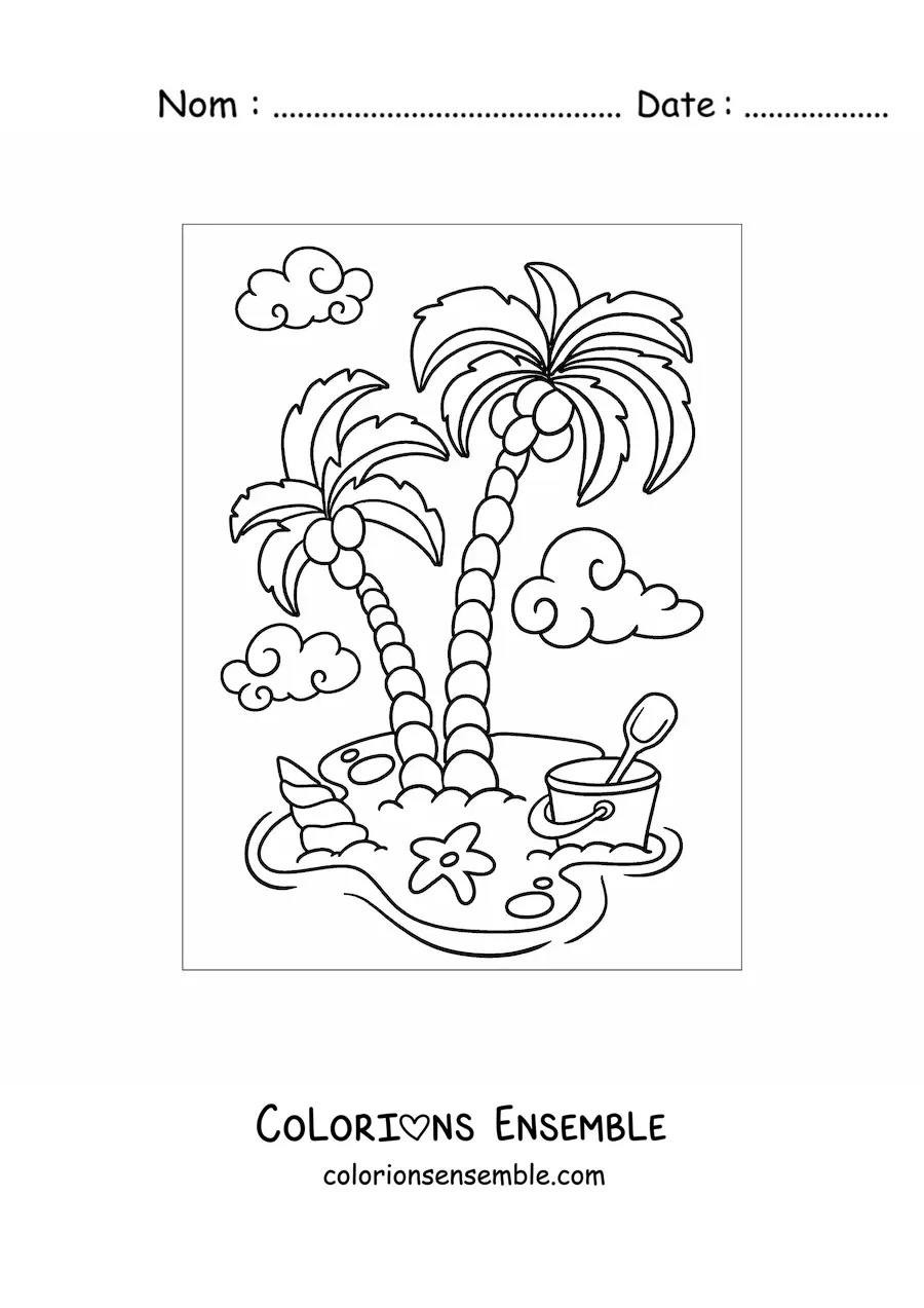 Image à colorier d’une plage avec des palmiers
