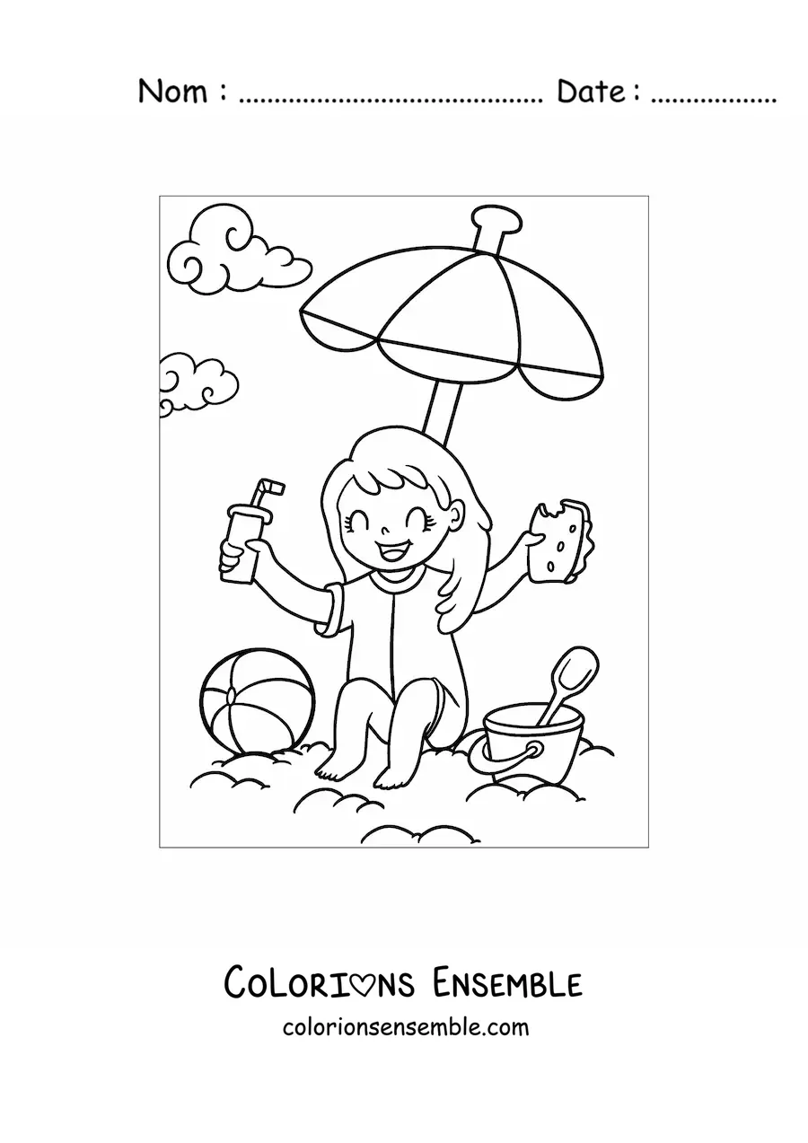 Image à colorier d’une petite fille à la plage avec un goûter et des jouets