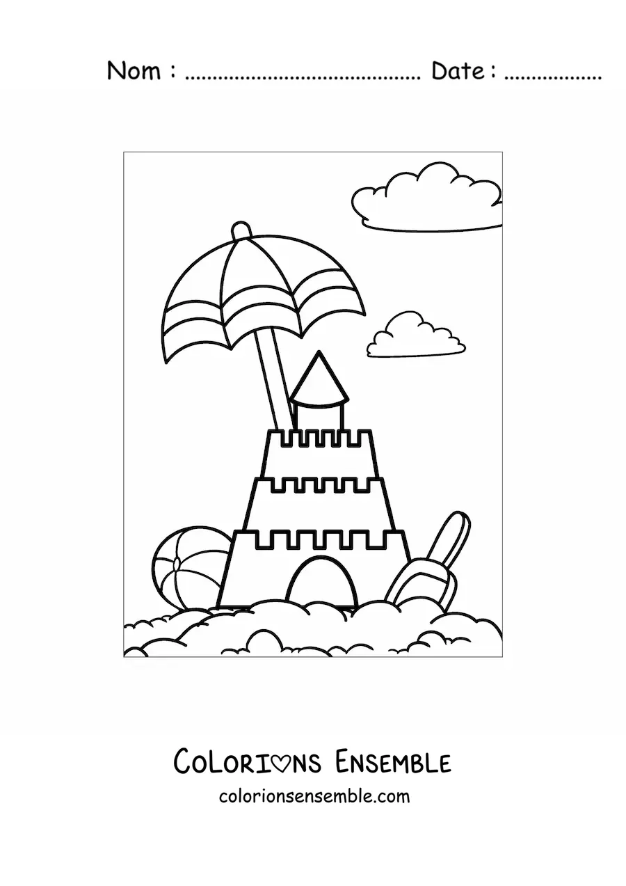 Image à colorier d’un château de sable sur la plage