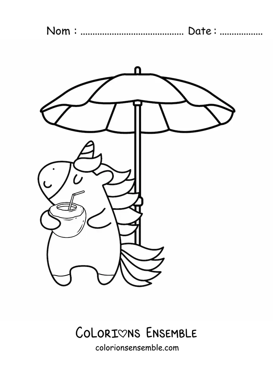 Image à colorier d’une licorne toute mignonne sous un parasol de plage