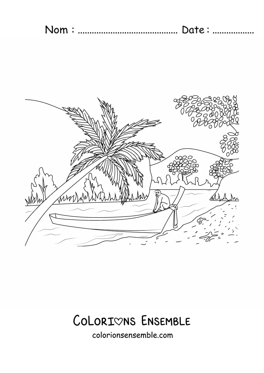 Image à colorier d’une baie tropicale avec des palmiers